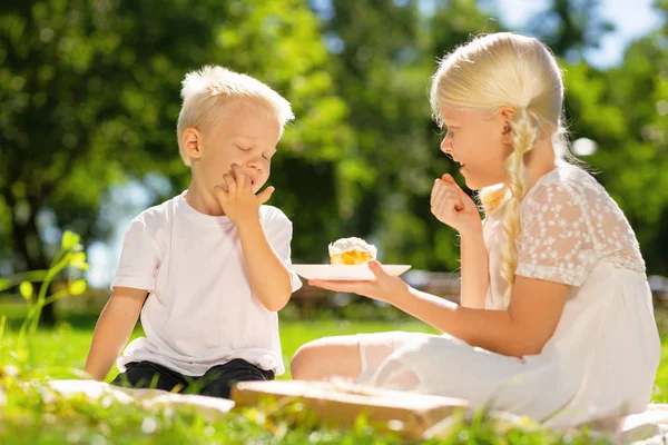 Lindo hermano y hermana comiendo un pastel en el parque — Foto de Stock
