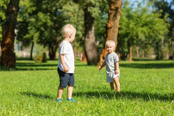 かわいい男の子が庭で一日を一緒に過ごす — ストック写真