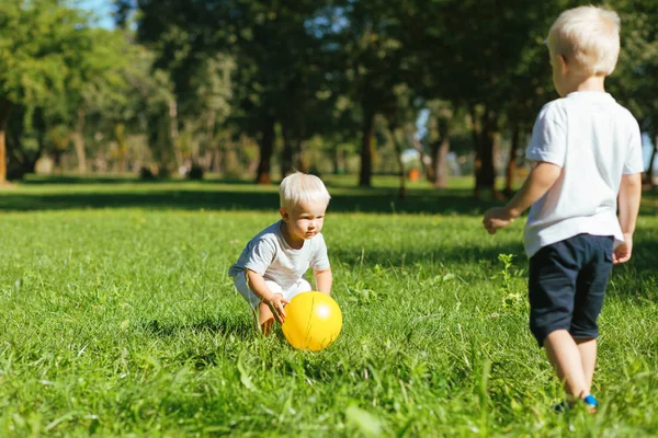 Garçons attentifs jouer avec une balle à l'extérieur — Photo