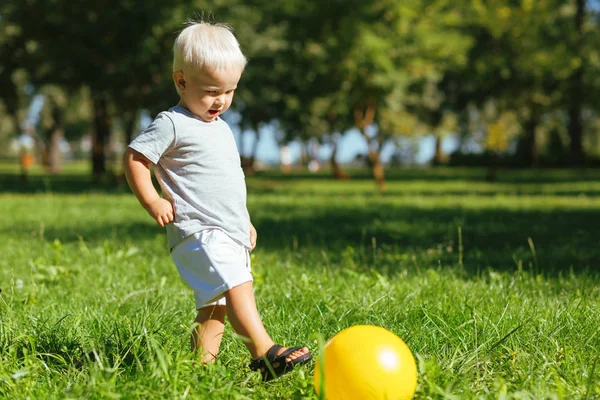 Niño pequeño jugando con una pelota en la naturaleza —  Fotos de Stock