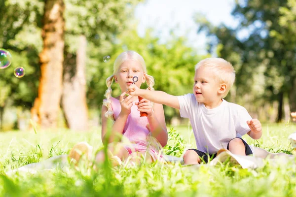 Menina bonito e menino brincando com bolhas de sabão no parque — Fotografia de Stock