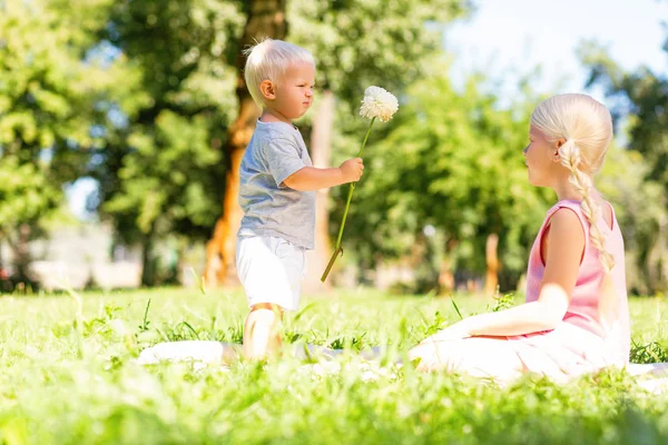 Small kid presenting a flower to a sister — Stock Photo, Image