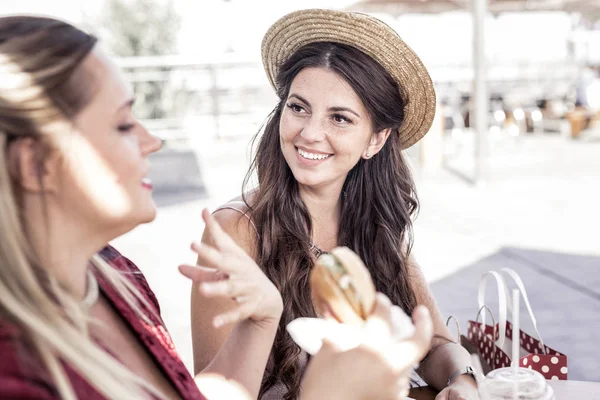 Happy joyful woman looking at her friend — Stock Photo, Image