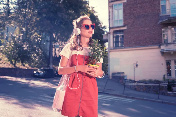Krásné shopaholic cítil šťastný při křížení ulice s nové domácí rostlinou — Stock fotografie
