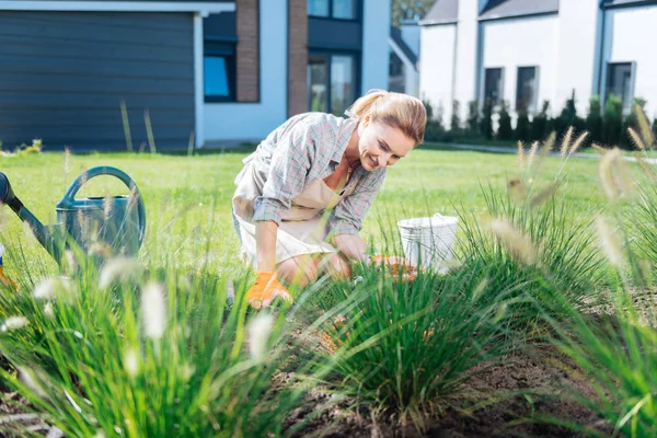 Donna che guarda il suo letto da giardino mentre sostiene l'ambiente sostenibile — Foto Stock