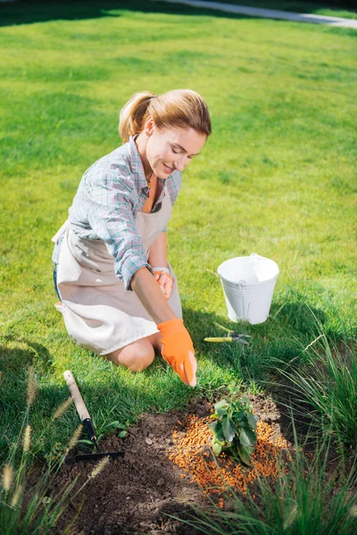 Jardineiro sorridente enriquecendo o solo depois de plantar flores na cama do jardim — Fotografia de Stock