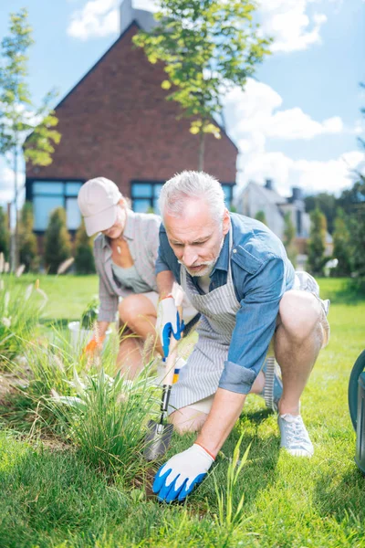 Взрослый бородатый мужчина держит маленькую лопату, срывая сорняки. — стоковое фото