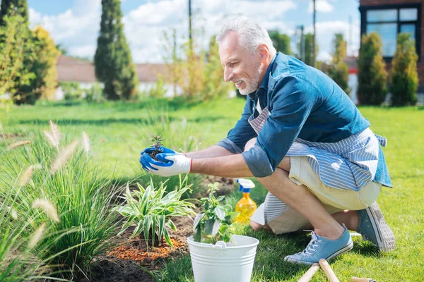 Uomo barbuto trapiantare piccoli fiori verdi fuori casa sua — Foto Stock