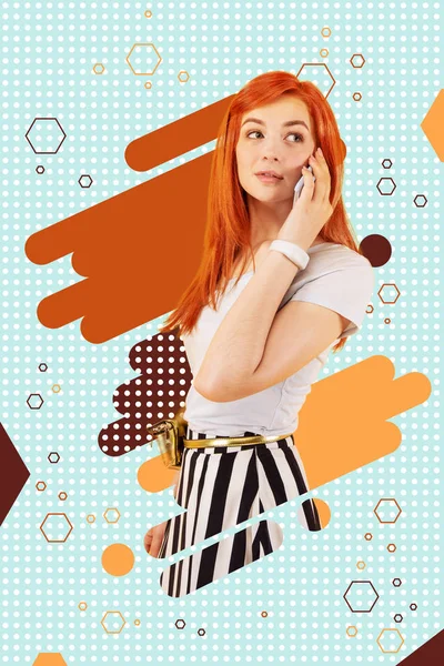 Abstract Background Beautiful Stylish Red Haired Girl Speaking Phone Her — Stock Photo, Image