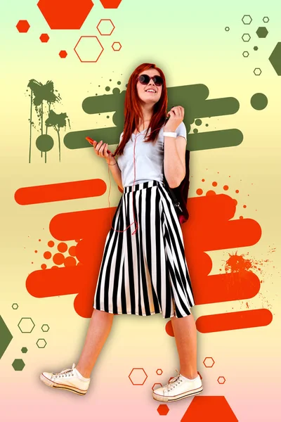 Walking City Red Haired Girl Standing Ahead Colorful Abstract Background — Stock Photo, Image