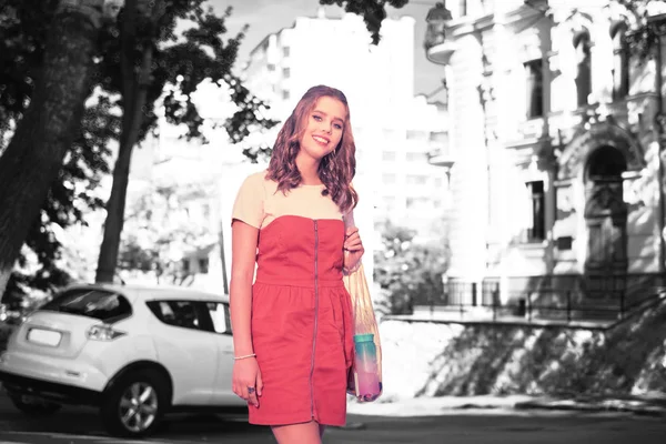 Transparent Bag Smiling Appealing Young Woman Wearing Summer Dress Transparent — Stock Photo, Image