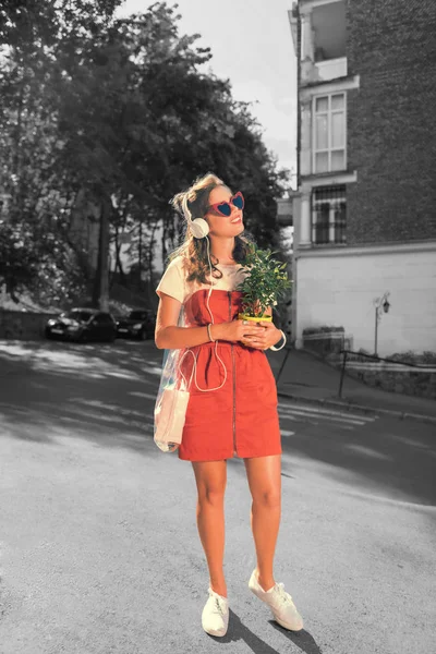Going with plant. Slim and beautiful woman wearing red dress and white sneakers listening to music while going home with plant