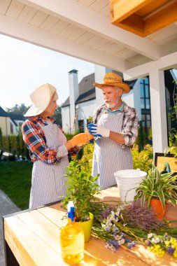 Emekli çift çiçekler birlikte evin yakınına dikim sırasında inanılmaz duygu