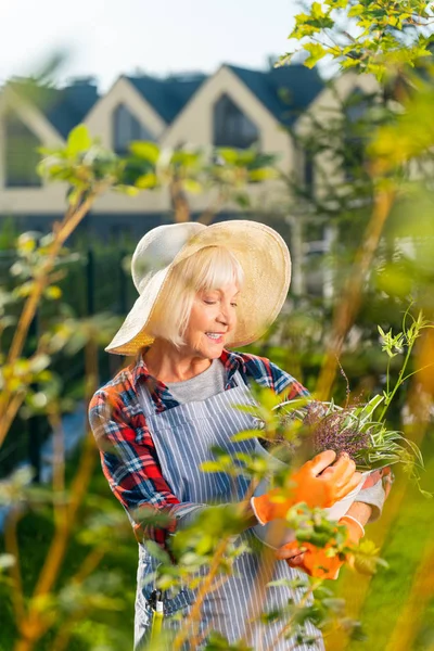 Vrolijke aantrekkelijke oude dame genieten van een zonnige dag — Stockfoto