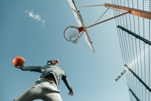 Low angle of a basketball player jumping