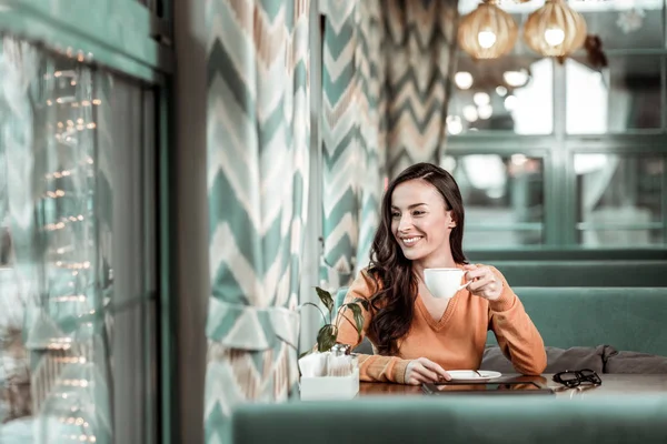 Charmant langharige vrouw thee drinken in café — Stockfoto