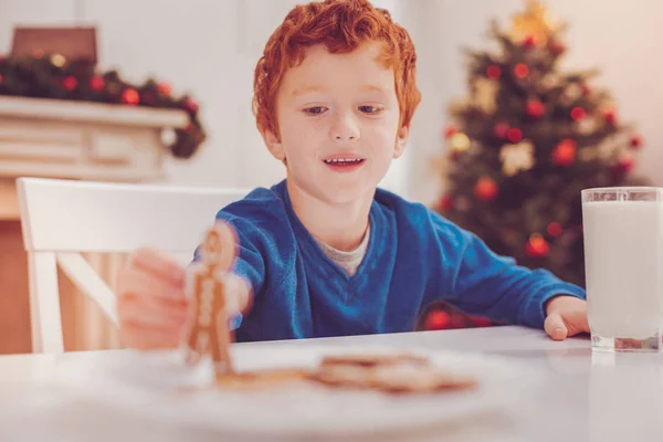 Charming red-haired boy playing with a gingerbread man — Stock Photo, Image