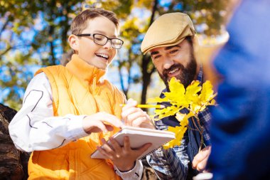 Bir ağaç dalı çekmeye çalışır memnun akıllı çocuk