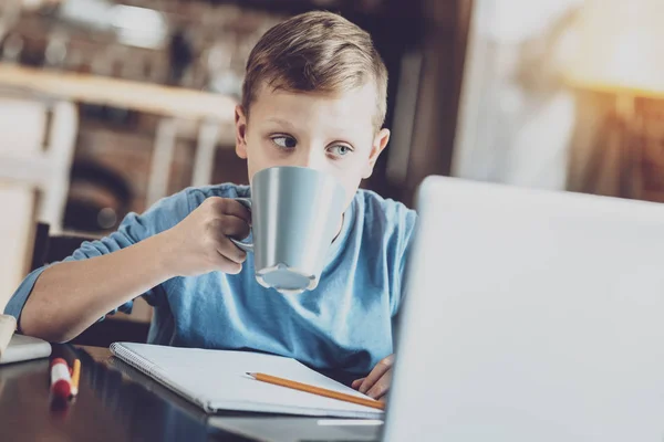 Niño concentrado bebiendo té caliente —  Fotos de Stock