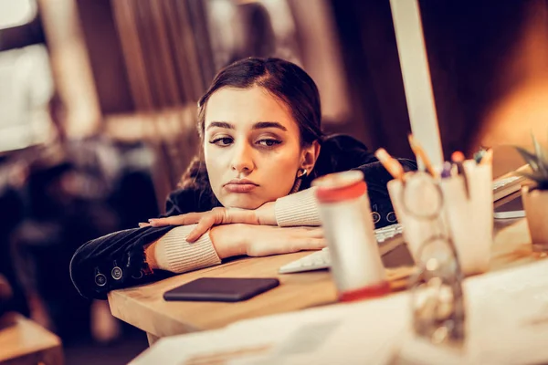 Low spirited female dreaming about summer vacation — Stock Photo, Image