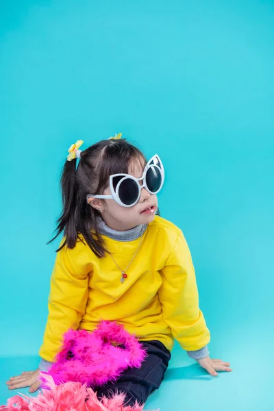 Studio Floor Unusual Little Kid Having Great Time While Posing — Stock Photo, Image