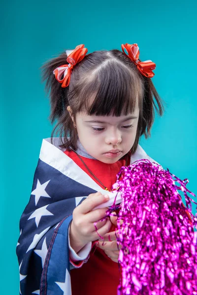 Usa Flag Interested Short Haired Girl Being Surrounded Independence Day — Stock Photo, Image