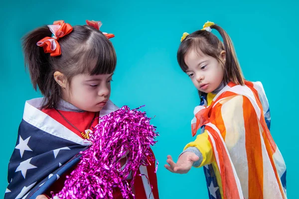 Curious little ladies celebrating 4th of July together — Stock Photo, Image