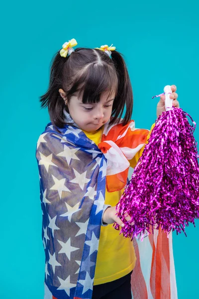 Keeping Cheerleaders Equipment Adorable Young Lady Being Interested Violet Foil — Stock Photo, Image