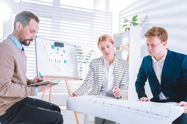 Seriöse, nette Ingenieure arbeiten zusammen — Stockfoto