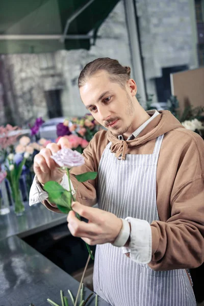 Atenta florista joven mirando rosa blanca — Foto de Stock