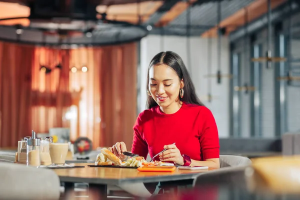 Mulher atraente com cabelos longos e escuros almoçando no restaurante — Fotografia de Stock