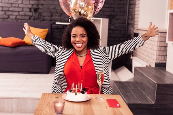 Happy afro American woman having a birthday party — Stock Photo, Image