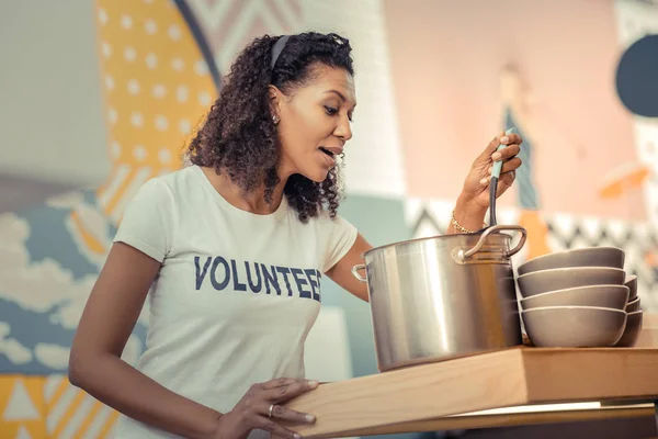 Joyful agradável jovem mulher preparando caldo de galinha — Fotografia de Stock