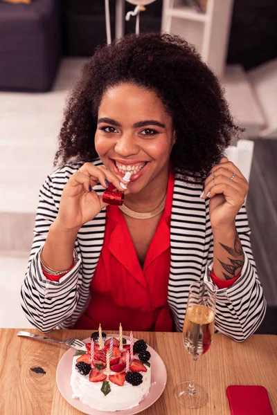 Cheerful positive woman having a fun party — Stock Photo, Image