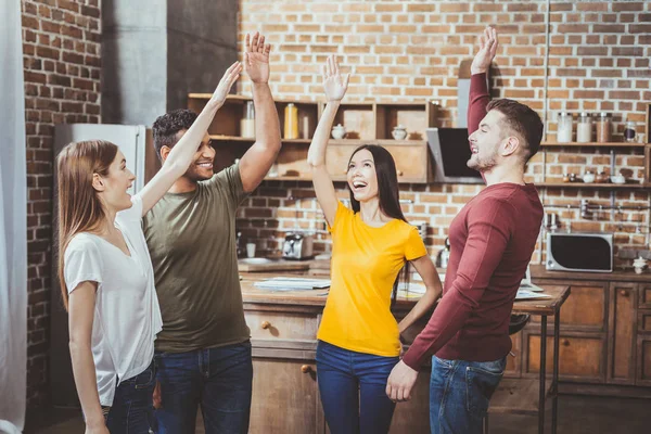 Our Holidays Cheerful Young Man Standing Semi Position Raising Arm — Stock Photo, Image