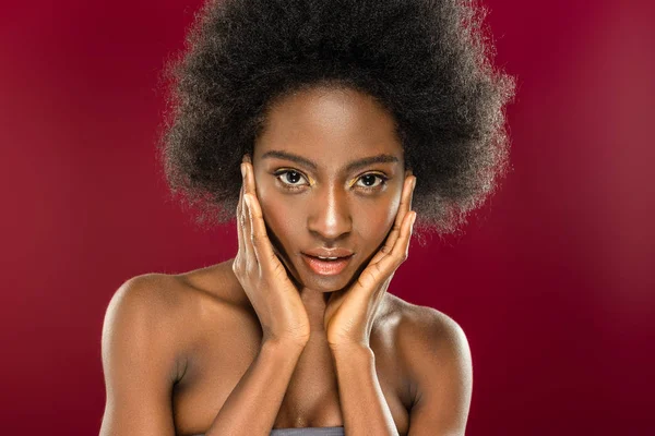 Nice pleasant magnetic woman touching her cheeks — Stock Photo, Image