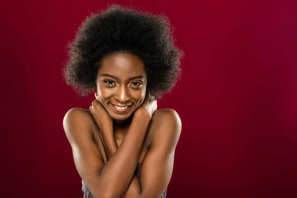 Joyful cute young woman showing her optimistic mood — Stock Photo, Image