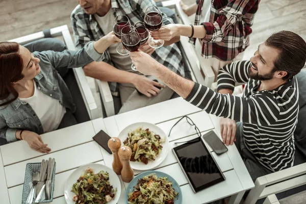 Top view of happy people that celebrating good result — Stock Photo, Image