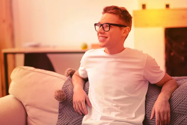 Happy joyful guy returning come from classes — Stock Photo, Image