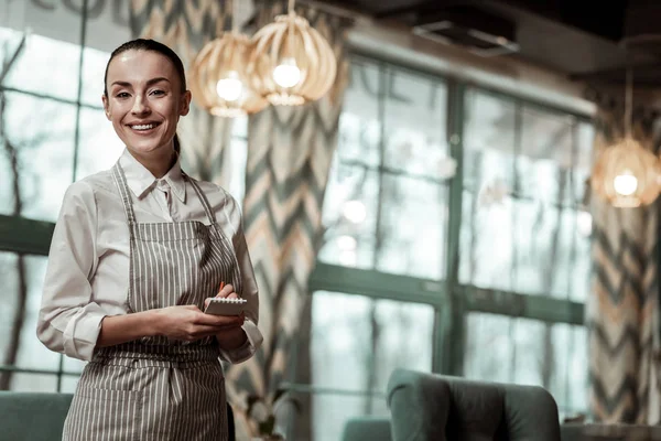 Encantadora morena trabajando en acogedora cafetería — Foto de Stock