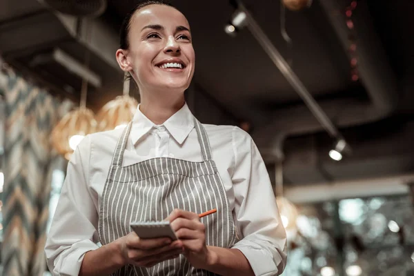 Piada Engraçada Feliz Trabalhadora Café Vestindo Avental Fazendo Anotações Seu — Fotografia de Stock