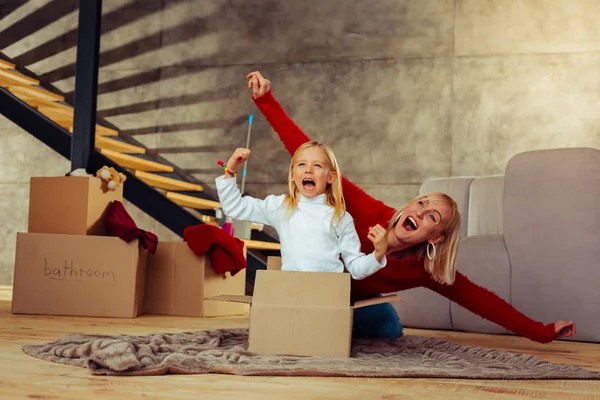 Emotional girls demonstrating their gladness on camera — Stock Photo, Image