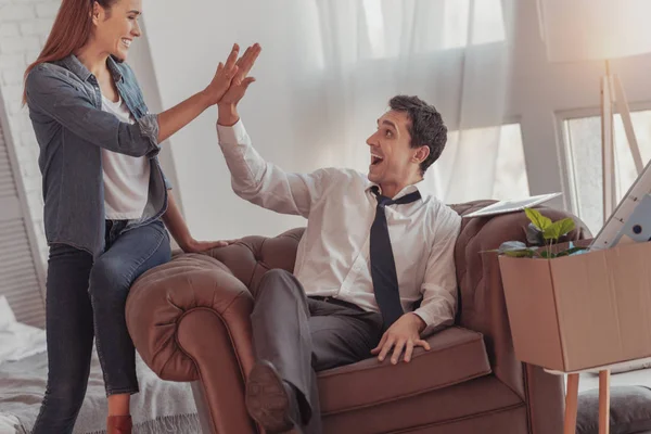 Delighted freelancers giving high five — Stock Photo, Image