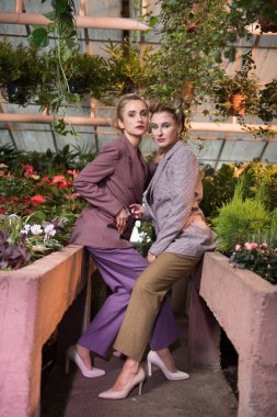 Güzel kendine güvenen zeki kadınlar şık kostümler giymiş