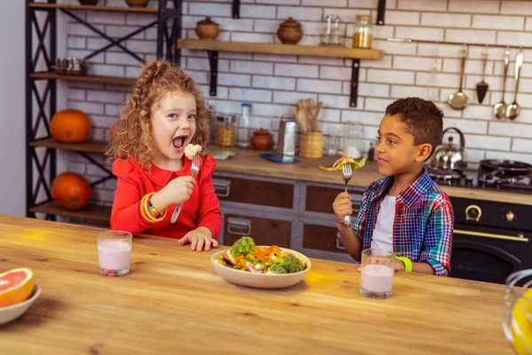 Pleased brunette kid having dinner with his sister — Stock Photo, Image