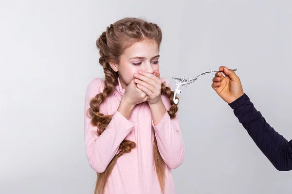 Blonde young girl being disgust with proposed meal — Stock Photo, Image