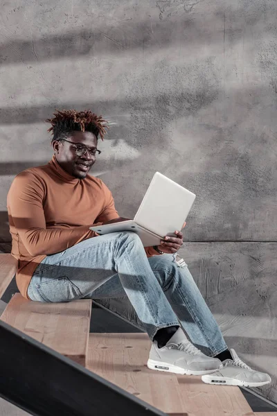 Positive delighted freelancer working at home on distance — Stock Photo, Image