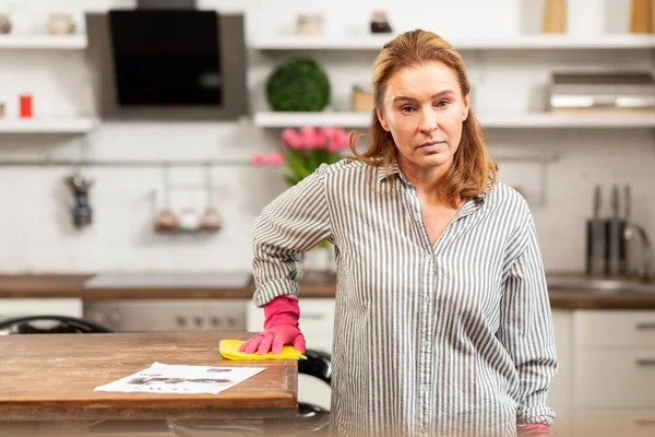 Dona de casa de olhos escuros limpando a cozinha usando luvas — Fotografia de Stock