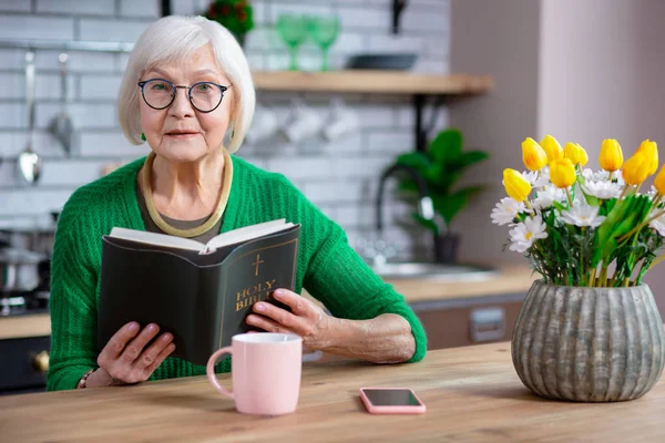 Idősebb felnőtt nő ült az asztalnál, a Biblia portréja — Stock Fotó
