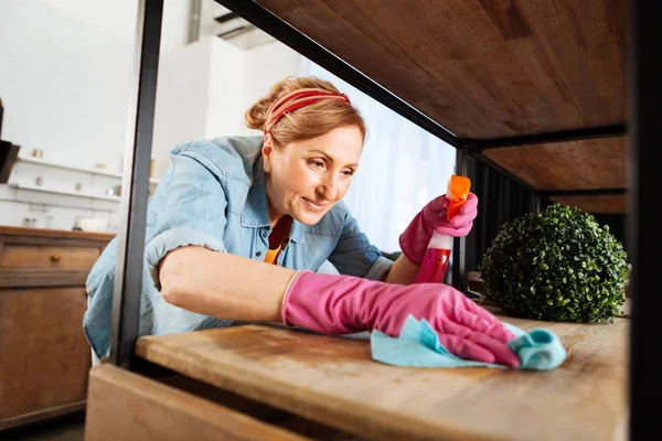 Smiling good-looking mature woman with tied hair cleaning all surfaces — Stock Photo, Image